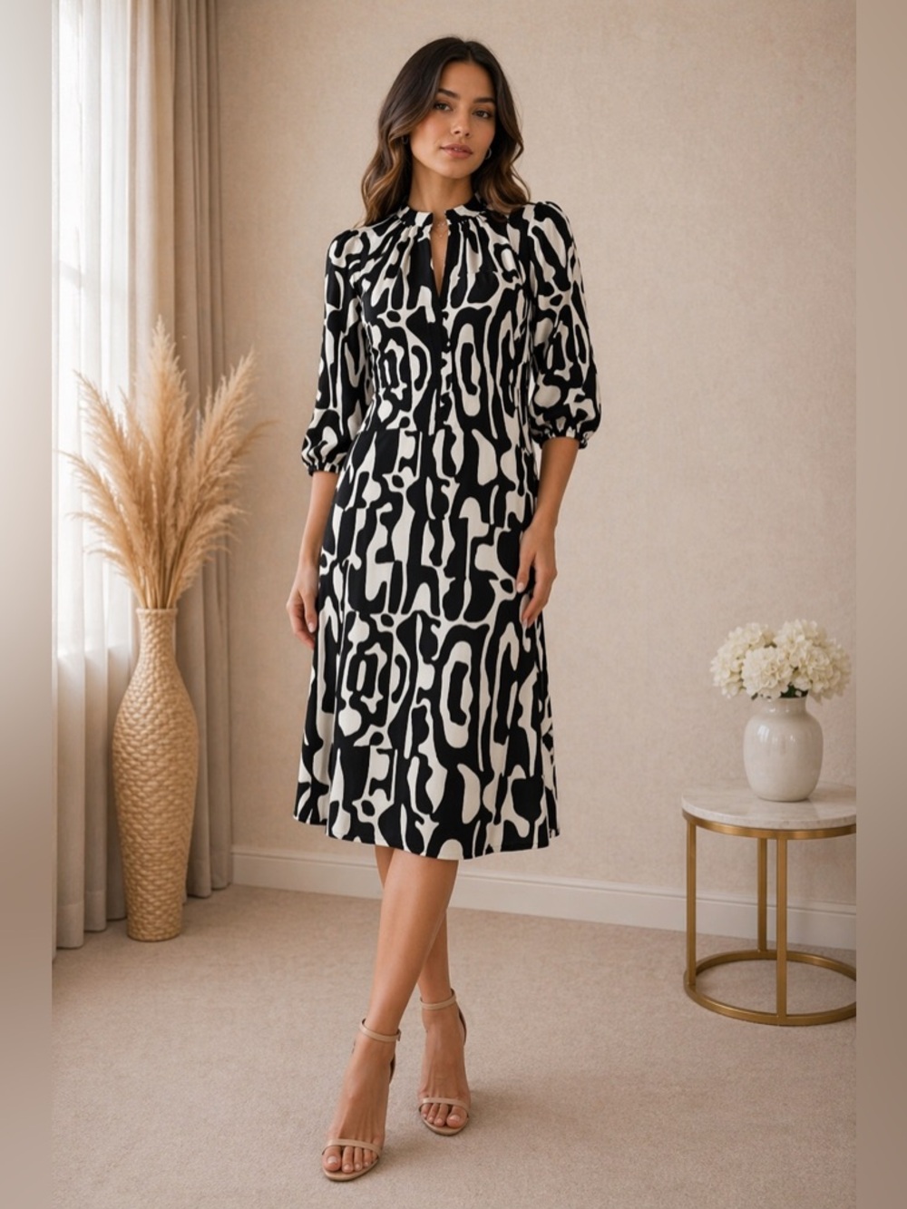 Zara Black & White Abstract A Line Midi Dress XS